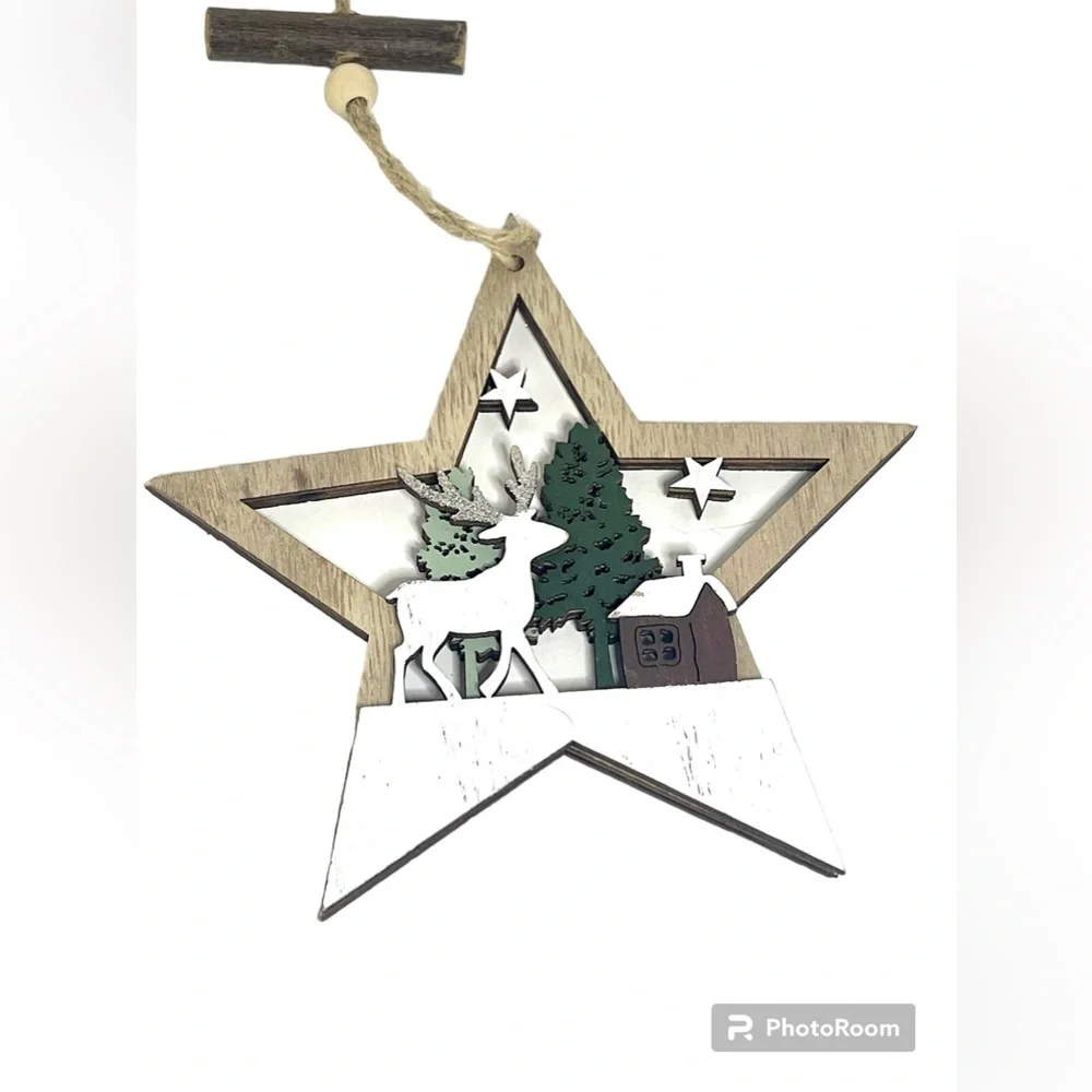 Star Shaped Green and White Reindeer in a Forest Christmas Ornament - Picture 2 of 3